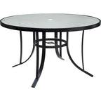 Ensemble de salle à manger Hanover Lavallette 5 pièces bleu océan avec 4 chaises fixes, une table ronde en verre de 52 pouces, un parasol et une base