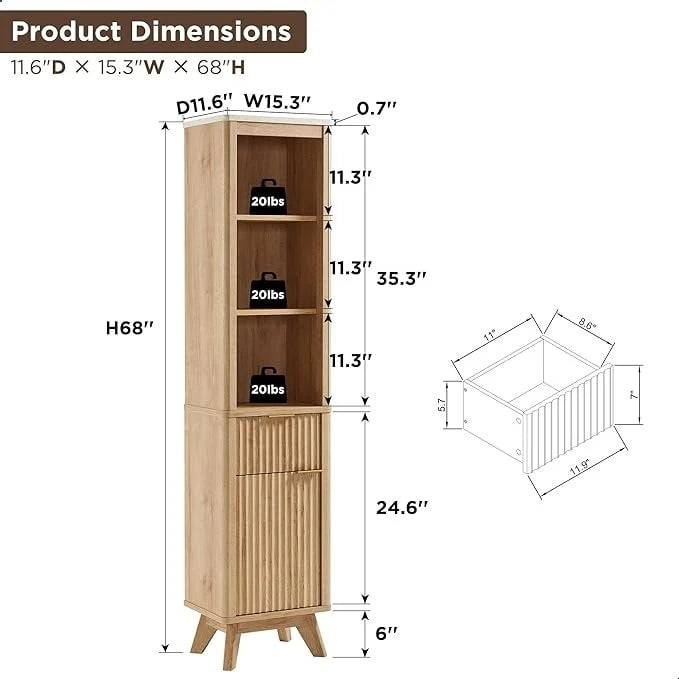 Meuble de rangement haut et étroit de 68 po pour salle de bain avec dessus en faux marbre