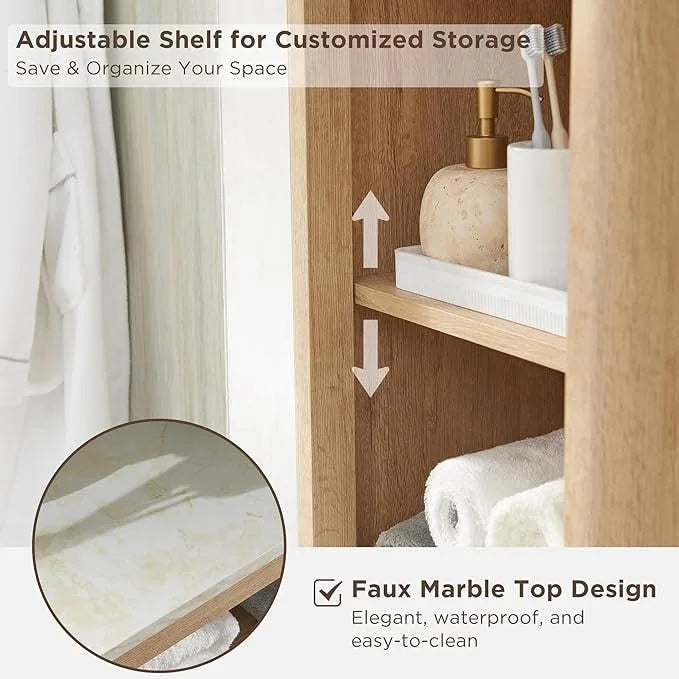 Meuble de rangement haut et étroit de 68 po pour salle de bain avec dessus en faux marbre