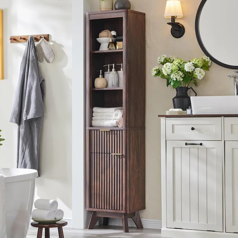 Meuble de rangement haut et étroit de 68 po pour salle de bain avec dessus en faux marbre