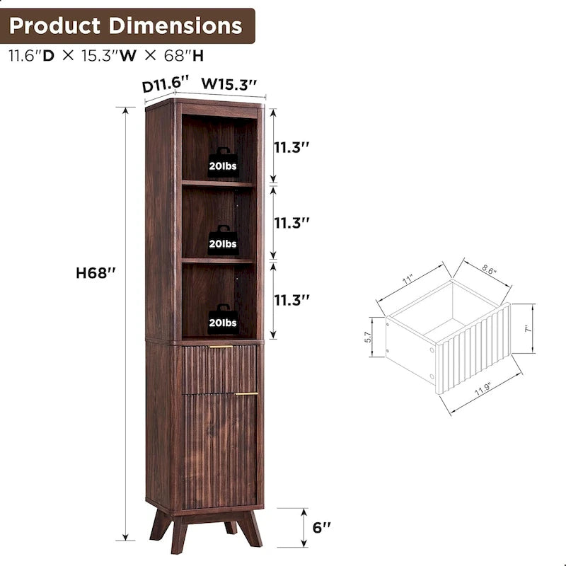 Meuble de rangement haut et étroit de 68 po pour salle de bain avec dessus en faux marbre