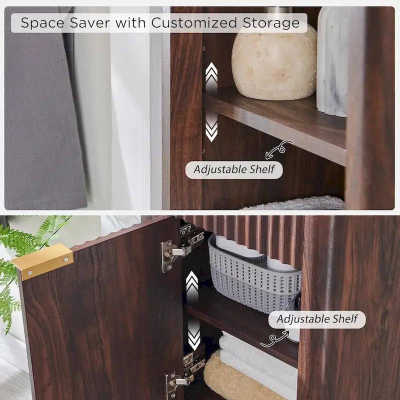Meuble de rangement haut et étroit de 68 po pour salle de bain avec dessus en faux marbre