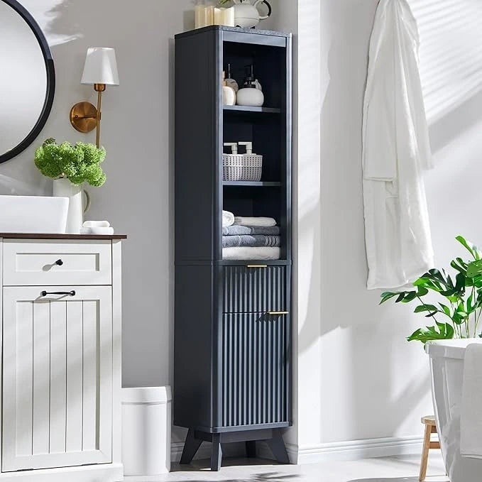 Meuble de rangement haut et étroit de 68 po pour salle de bain avec dessus en faux marbre
