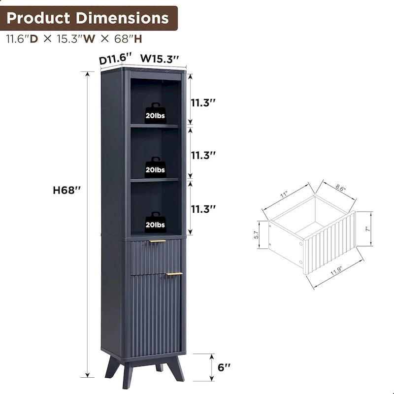Meuble de rangement haut et étroit de 68 po pour salle de bain avec dessus en faux marbre