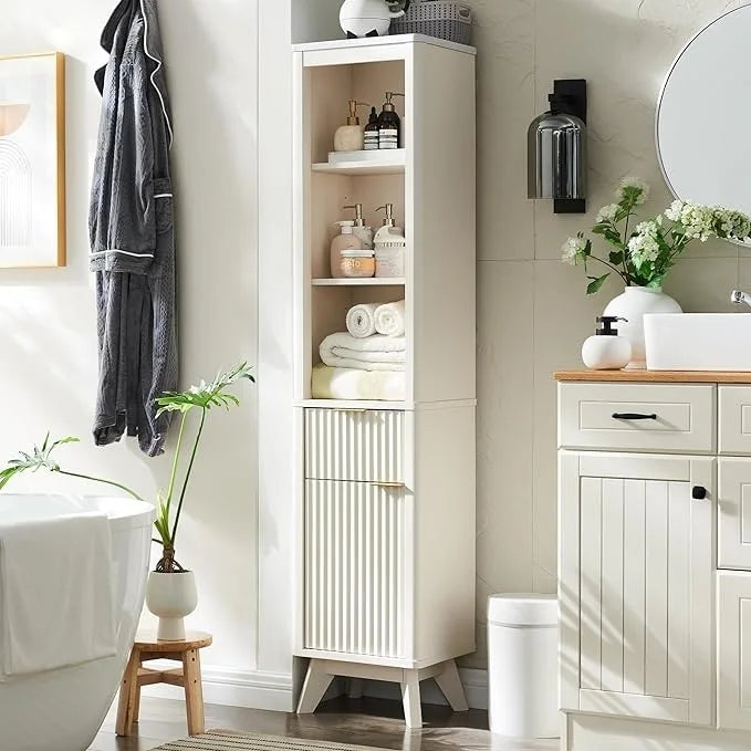 Meuble de rangement haut et étroit de 68 po pour salle de bain avec dessus en faux marbre
