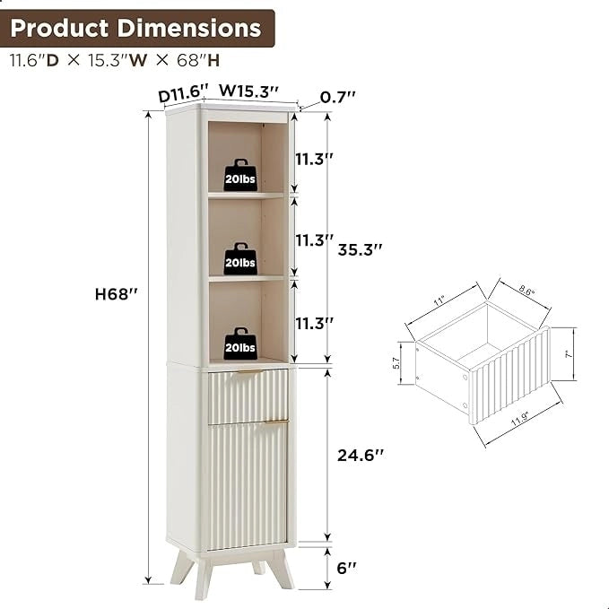 Meuble de rangement haut et étroit de 68 po pour salle de bain avec dessus en faux marbre