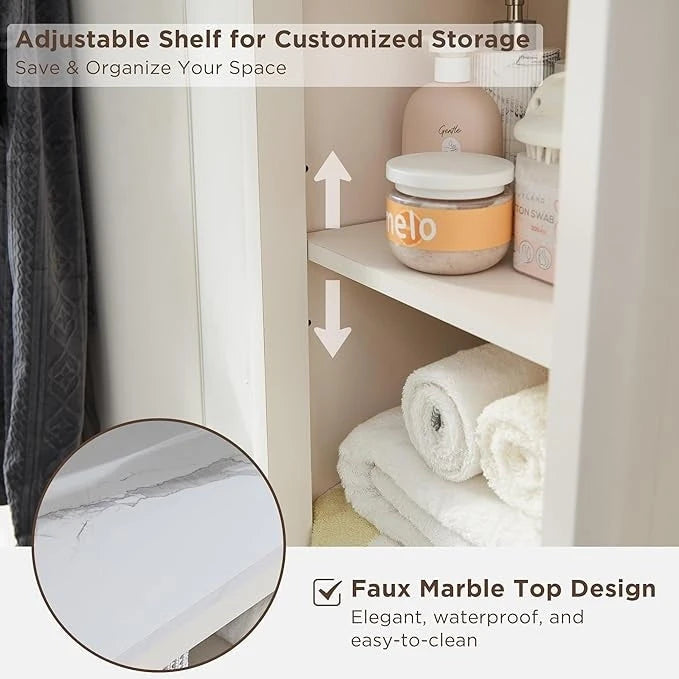 Meuble de rangement haut et étroit de 68 po pour salle de bain avec dessus en faux marbre