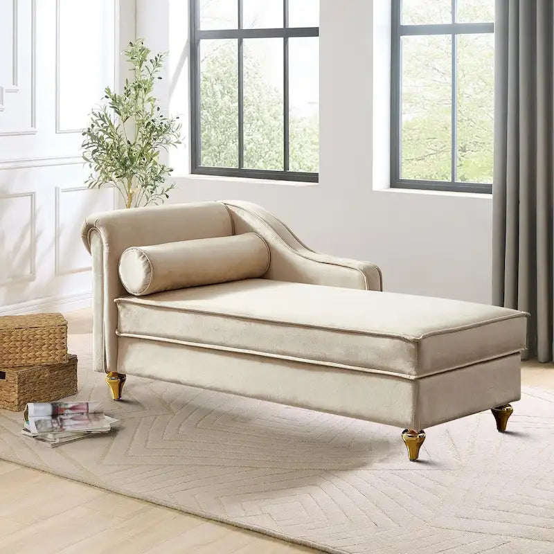 Chaise longue de rangement française élégante en velours avec un oreiller