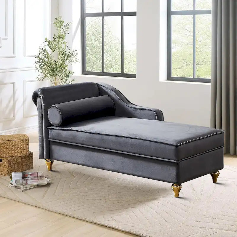 Chaise longue de rangement française élégante en velours avec un oreiller