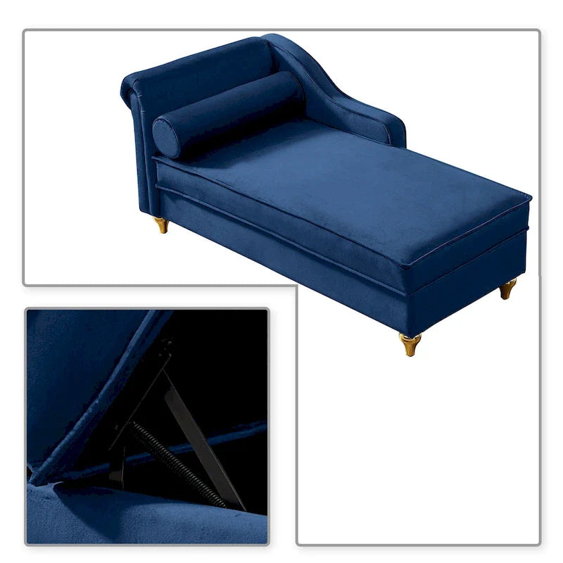Chaise longue de rangement française élégante en velours avec un oreiller