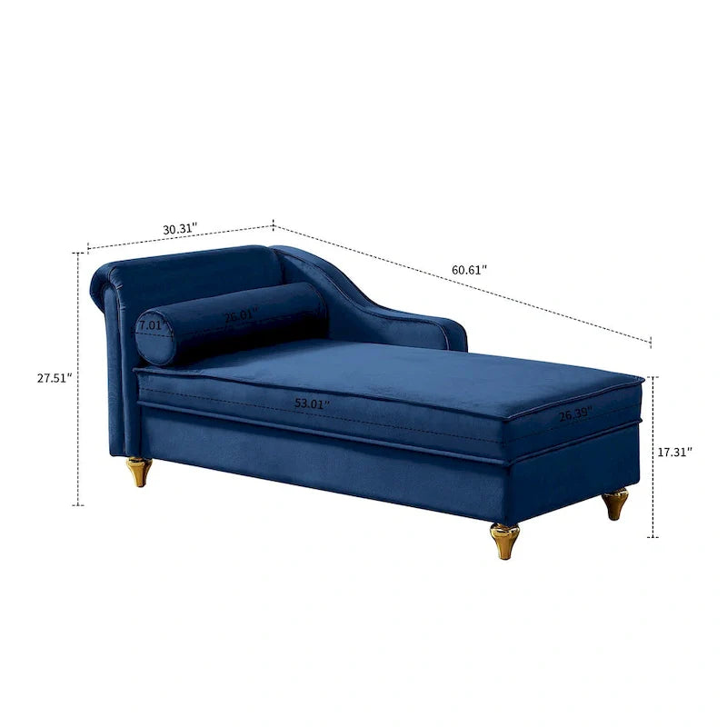 Chaise longue de rangement française élégante en velours avec un oreiller