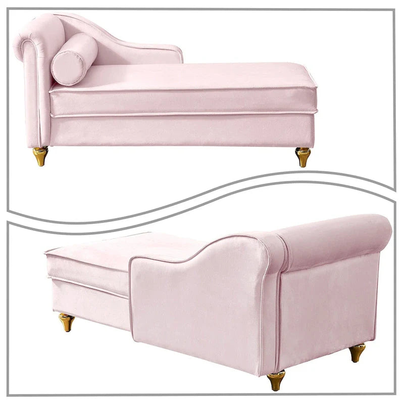 Chaise longue de rangement française élégante en velours avec un oreiller