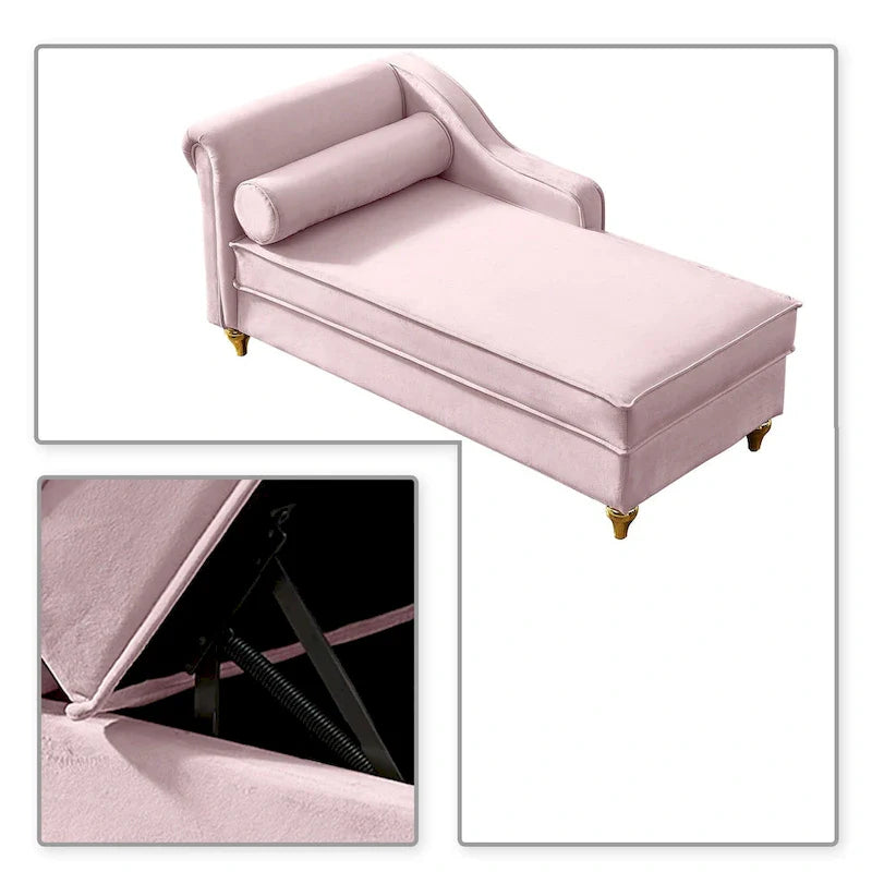 Chaise longue de rangement française élégante en velours avec un oreiller