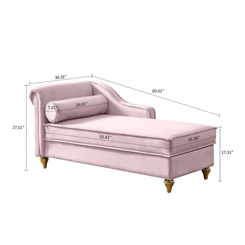 Chaise longue de rangement française élégante en velours avec un oreiller