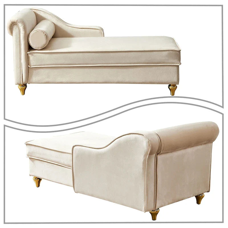 Chaise longue de rangement française élégante en velours avec un oreiller