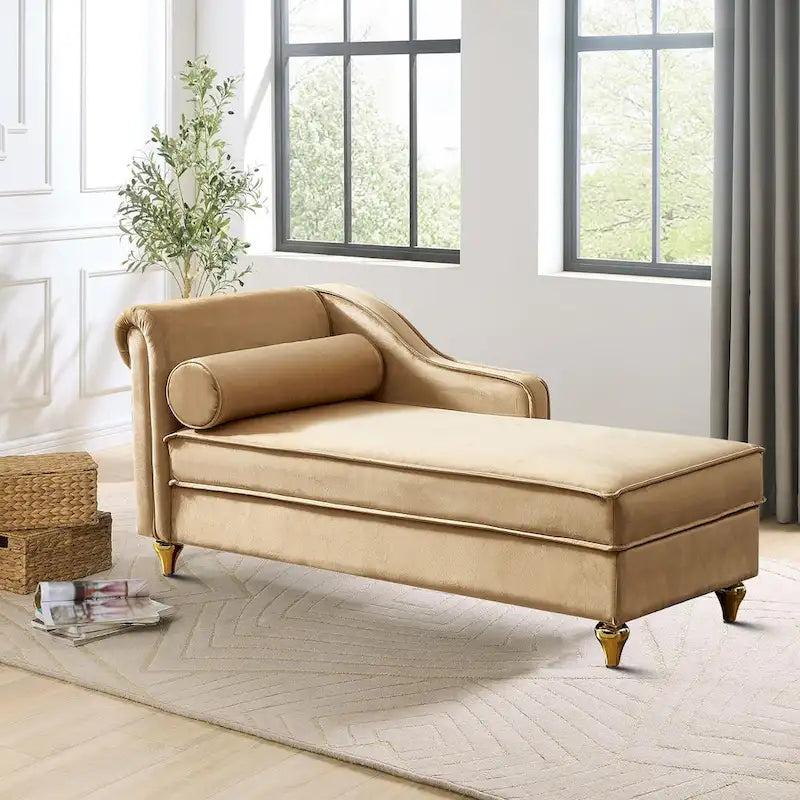 Chaise longue de rangement française élégante en velours avec un oreiller