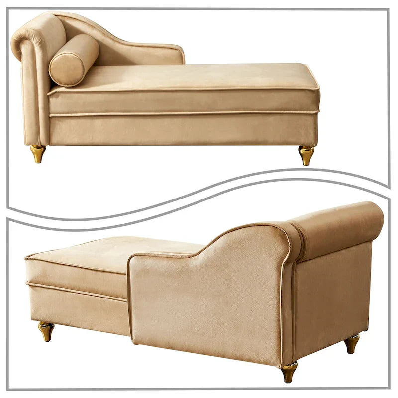 Chaise longue de rangement française élégante en velours avec un oreiller