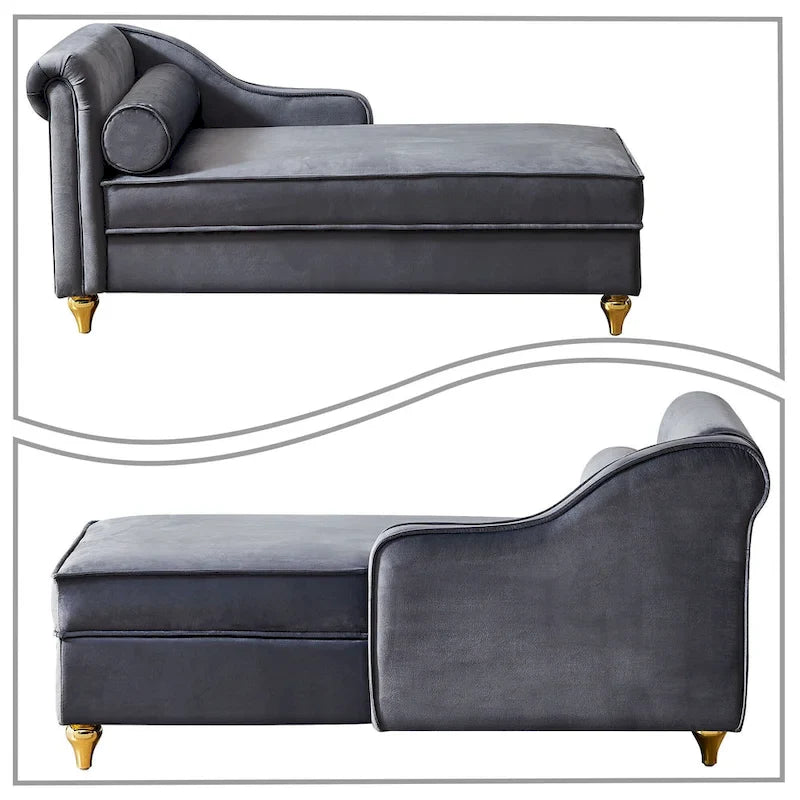 Chaise longue de rangement française élégante en velours avec un oreiller
