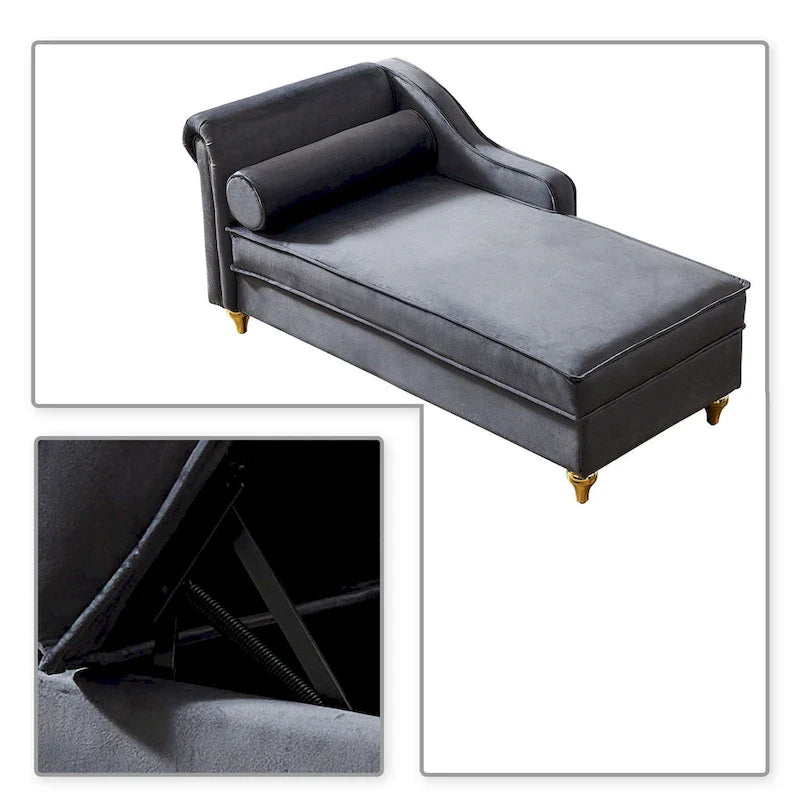 Chaise longue de rangement française élégante en velours avec un oreiller