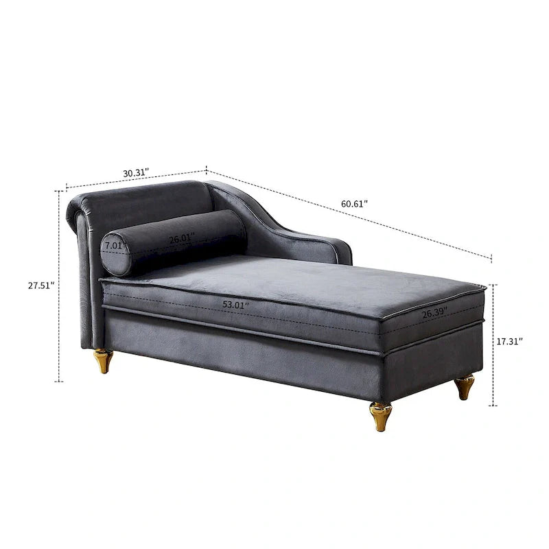 Chaise longue de rangement française élégante en velours avec un oreiller