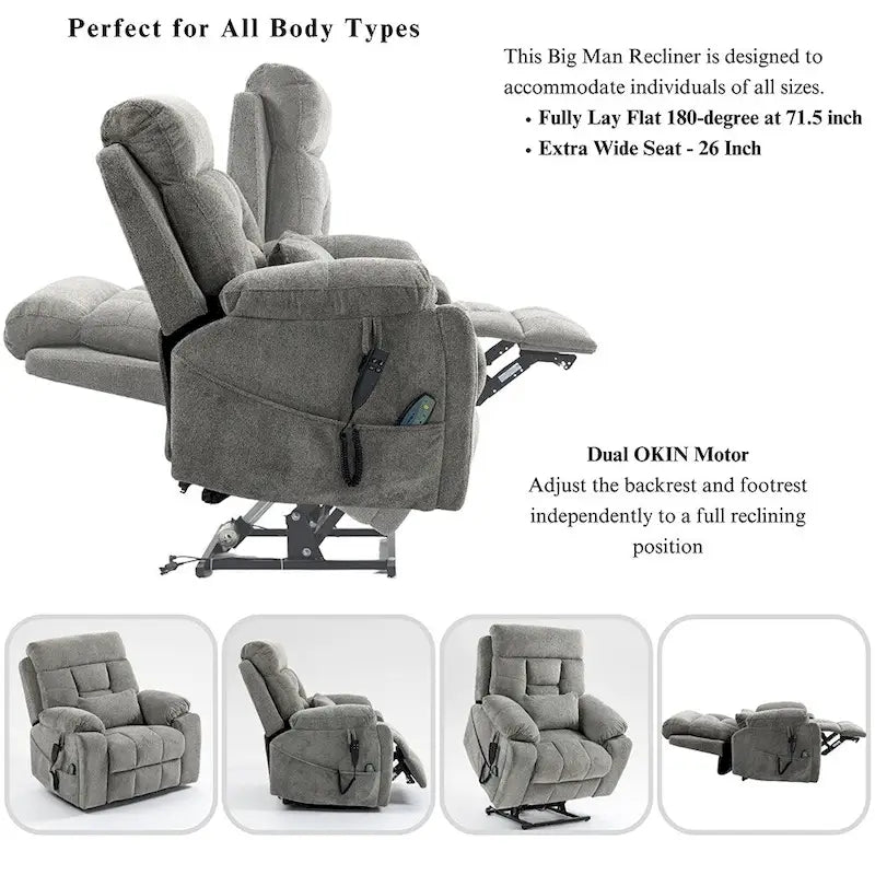 Fauteuil inclinable massant à deux moteurs surdimensionné avec chaleur, canapé élévateur pour personnes âgées, porte-gobelet, 180 degrés