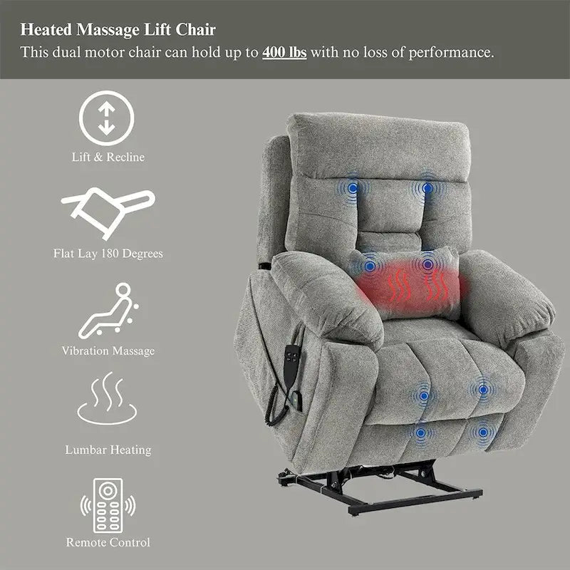 Fauteuil inclinable massant à deux moteurs surdimensionné avec chaleur, canapé élévateur pour personnes âgées, porte-gobelet, 180 degrés
