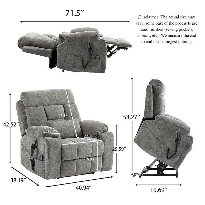 Fauteuil inclinable massant à deux moteurs surdimensionné avec chaleur, canapé élévateur pour personnes âgées, porte-gobelet, 180 degrés
