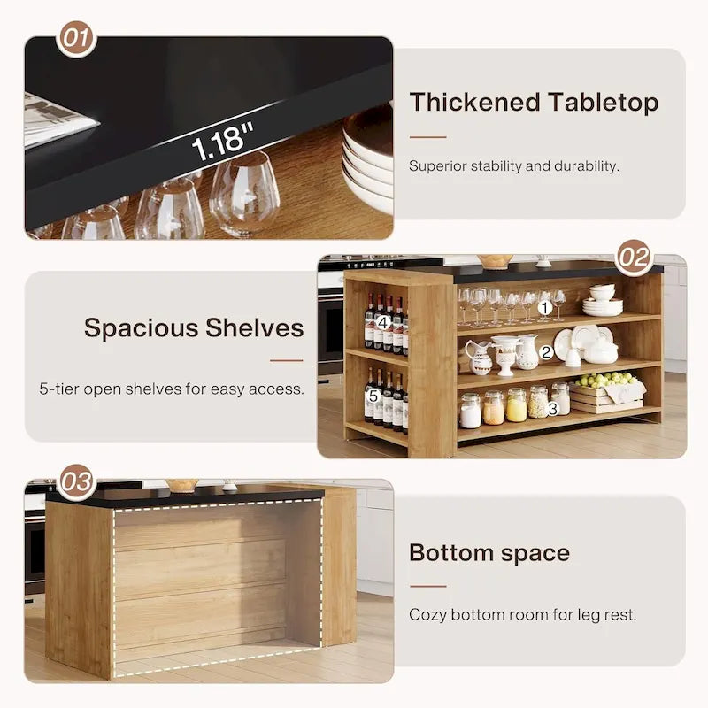 Îlot de cuisine de style campagnard de 55 pouces avec rangement pour la cuisine et la salle à manger