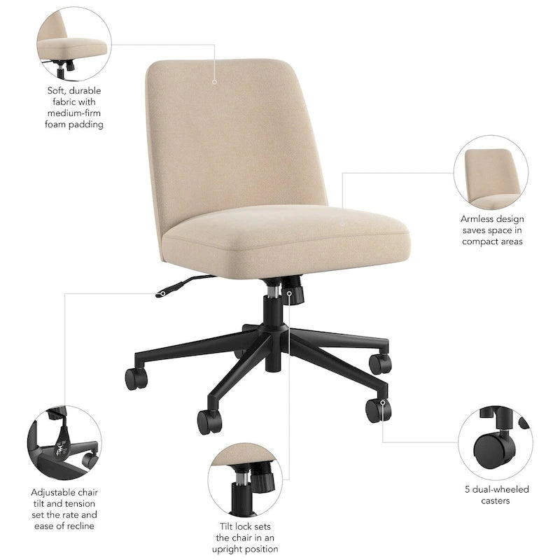 Chaise de bureau sans accoudoirs Bush Furniture Serenity à dossier mi-hauteur avec roulettes