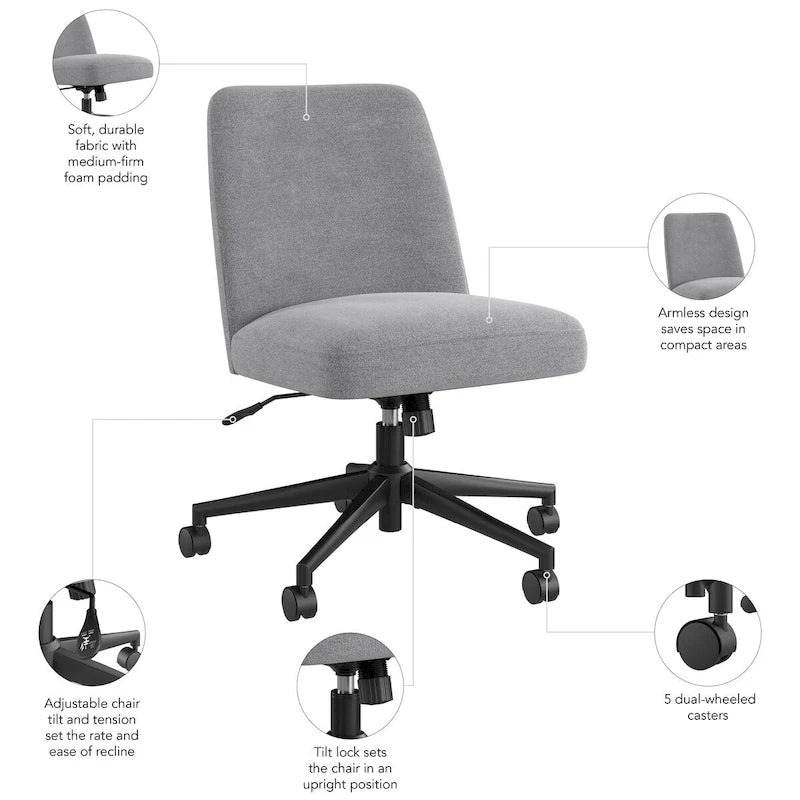 Chaise de bureau sans accoudoirs Bush Furniture Serenity à dossier mi-hauteur avec roulettes