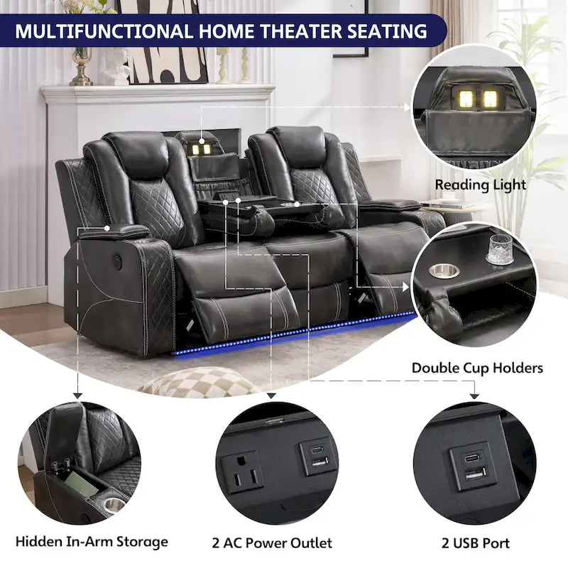 Canapé inclinable électrique avec chargeur sans fil, liseuse pour salon, lumière LED en similicuir, port AC/USB, porte-gobelet, noir