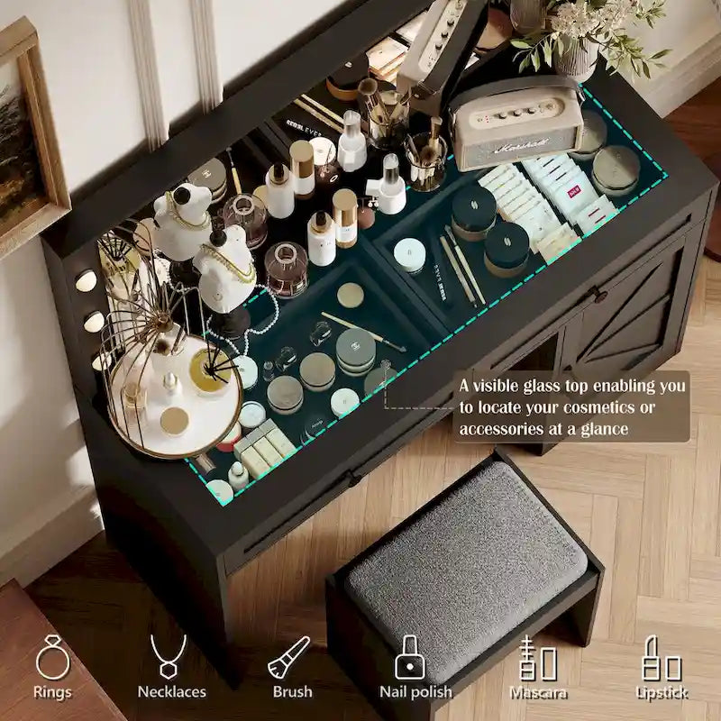Coiffeuse de ferme Roomfitters avec lumières, coiffeuse avec porte coulissante, table de maquillage à 2 tiroirs avec miroir éclairé