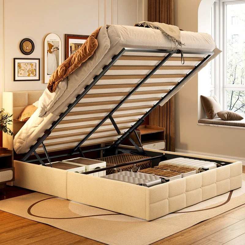 Cadre de lit relevable, sommier tapissier avec système de rangement hydraulique et tête de lit