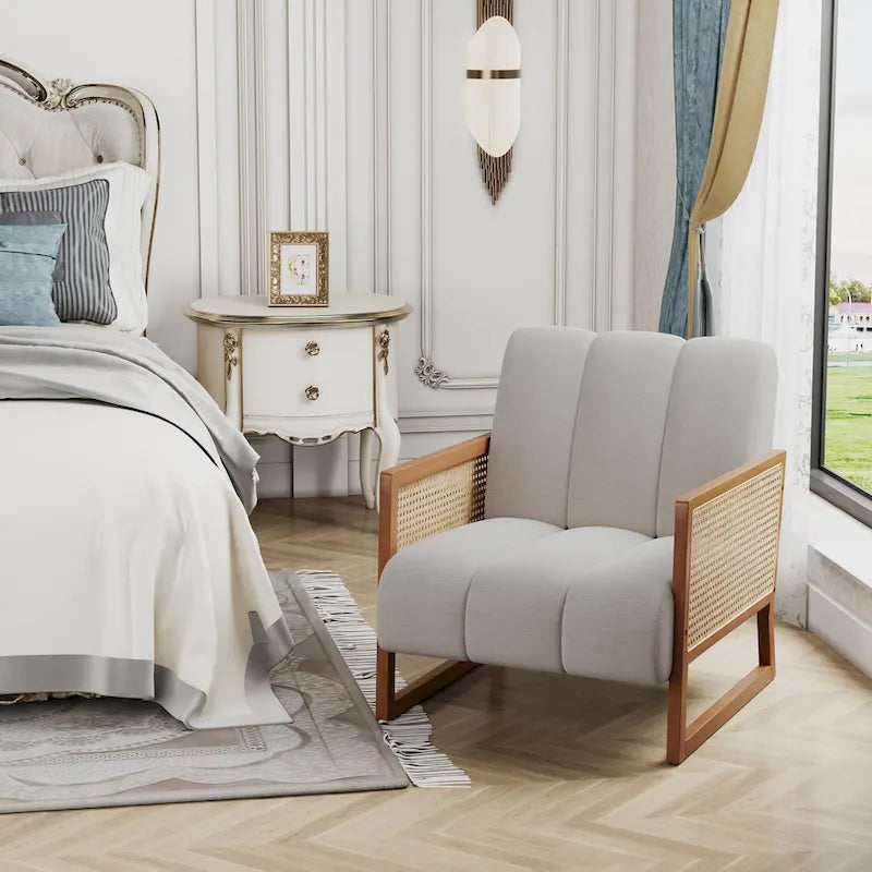 Fauteuils d'appoint en rotin, chaise en rotin naturel rembourrée, fauteuil en lin de style moderne du milieu du siècle, chaises d'appoint pour salon et chambre