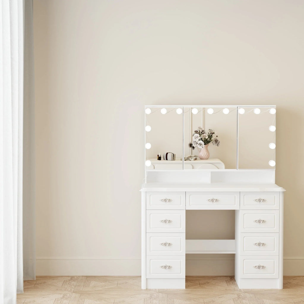Coiffeuse moderne blanche avec miroir pliable éclairage réglable - 102,1 x 137,4 cm