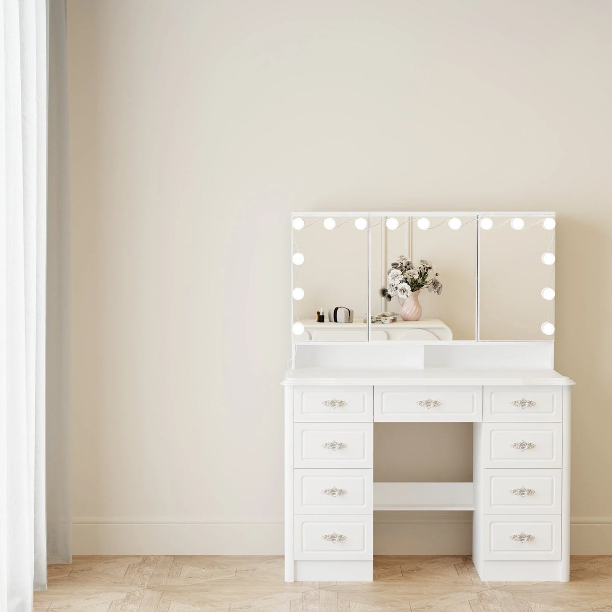 Coiffeuse moderne blanche avec miroir pliable éclairage réglable - 102,1 x 137,4 cm