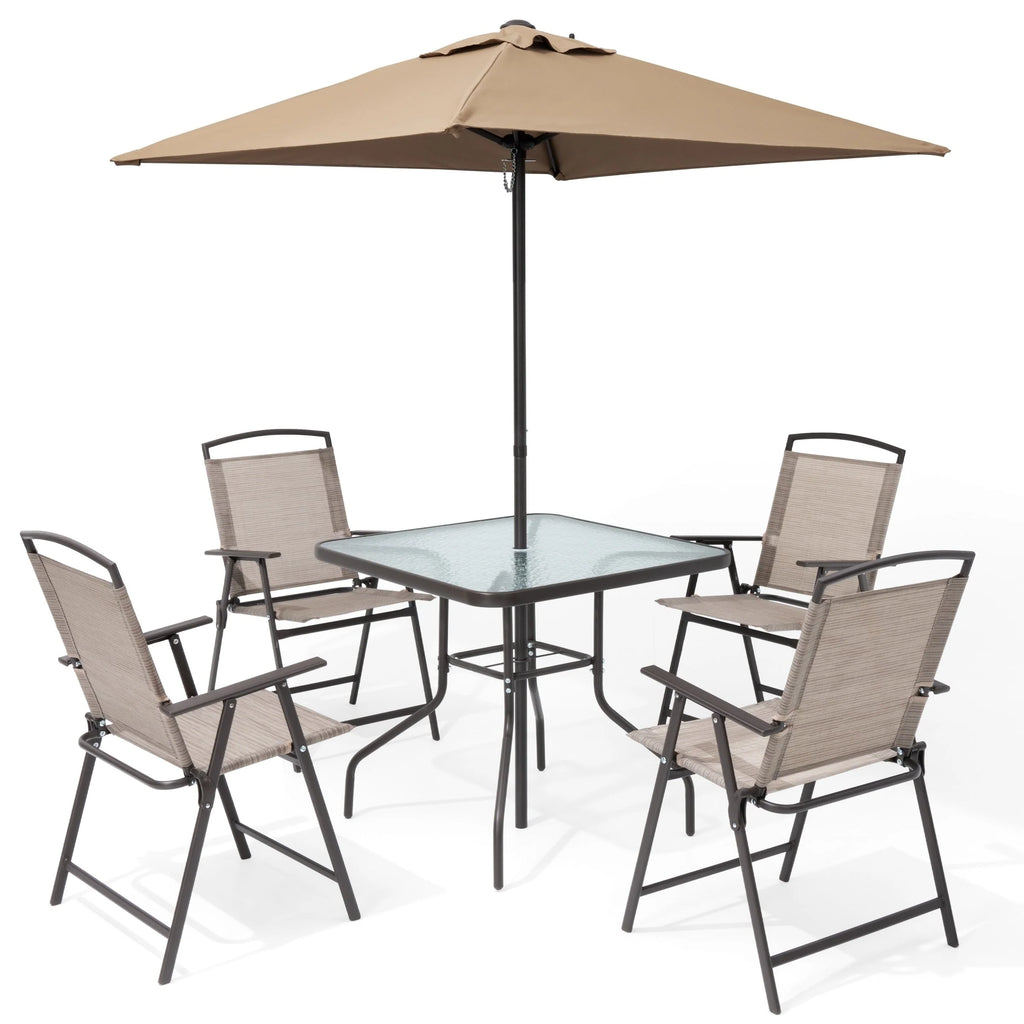 Ensemble de patio 6 pièces Pellebant avec table, parasol et 4 chaises pliantes – 22,4 L x 26,8 P x 34,4 H