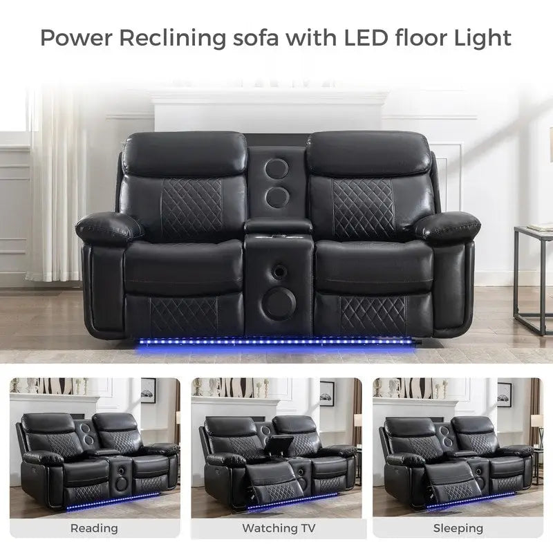 Canapé inclinable électrique avec chargeur sans fil, liseuse, lumière LED pour salon, similicuir, port AC/USB, porte-gobelet, noir