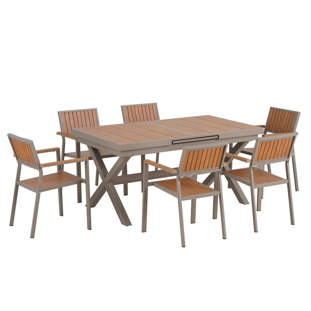 Ensemble de salle à manger d'extérieur moderne de 7 pièces avec six chaises et une table extensible pour terrasse