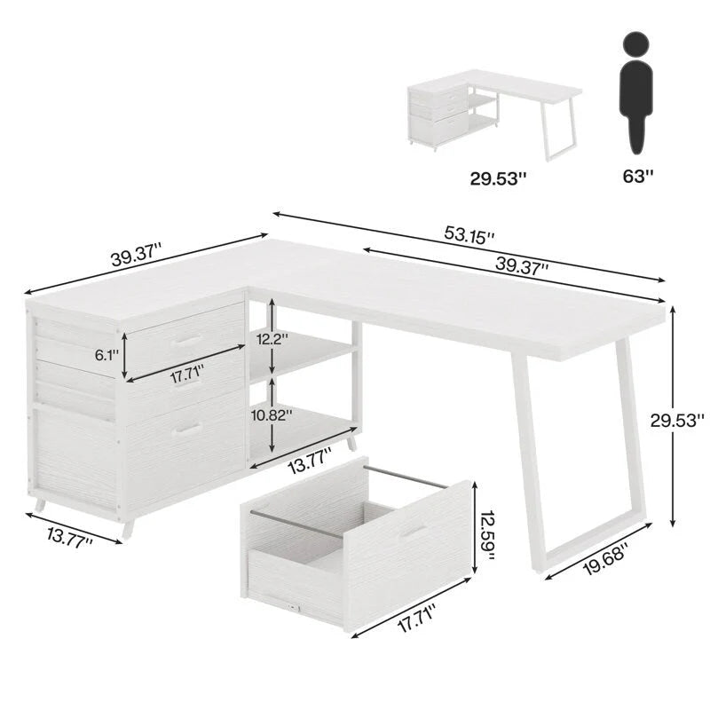 Bureau d'angle en L réversible avec tiroirs de classement, bureau d'ordinateur d'angle