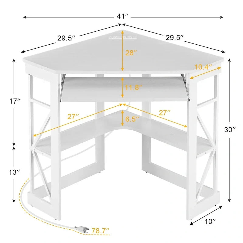 Bureau d'Angle Petit Bureau avec Prises, Table d'Angle pour Petit Espace, Bureau d'Ordinateur avec Ports USB, Bureau Triangle avec Rangement