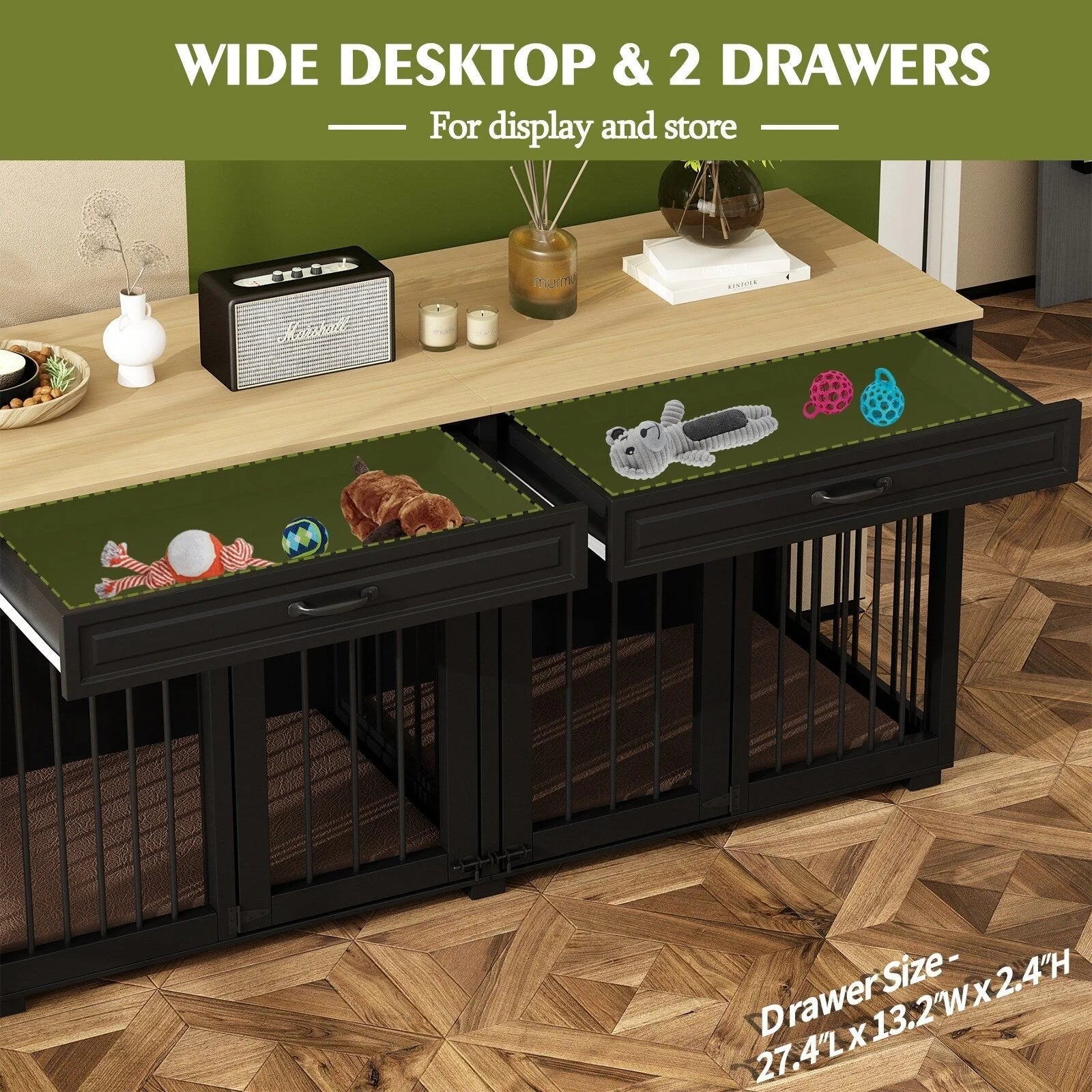 Meuble de chenil double en bois avec 2 tiroirs et séparateur