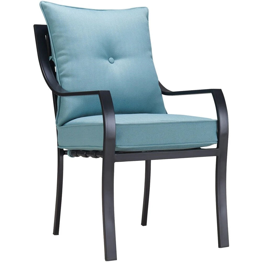 Ensemble de salle à manger Hanover Lavallette 5 pièces bleu océan avec 4 chaises fixes, une table ronde en verre de 52 pouces, un parasol et une base