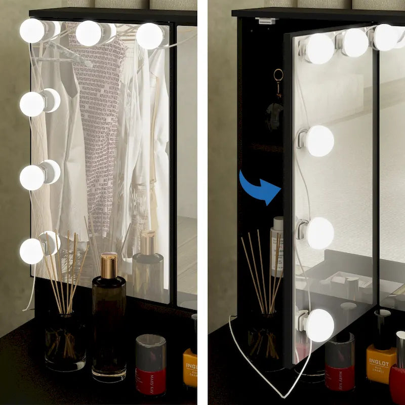 Coiffeuse LED de luxe avec 9 tiroirs, station de maquillage élégante