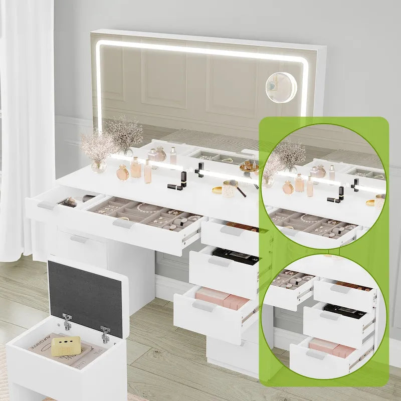 Moasis 46 Coiffeuse avec prise intégrée, miroir éclairé et support pour sèche-cheveux – 55,8 H x 46 L x 11,7 P