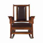 Fauteuil à bascule de style Mission, assise et dossier en cuir, tabac et marron foncé