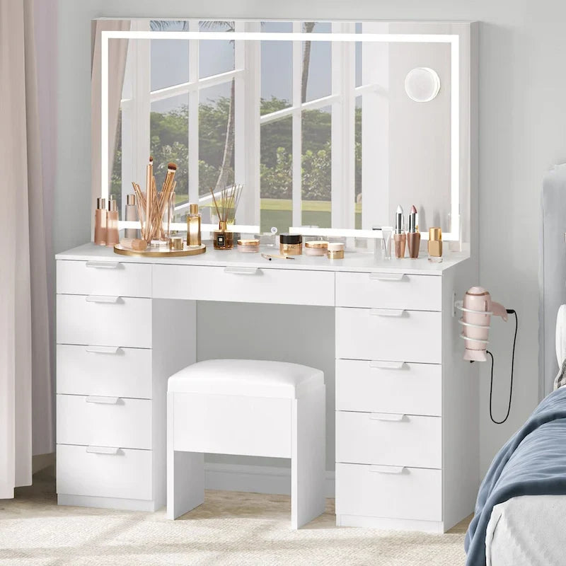 Moasis 46 Coiffeuse avec prise intégrée, miroir éclairé et support pour sèche-cheveux – 55,8 H x 46 L x 11,7 P