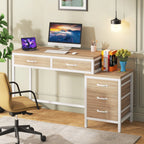 Bureau réversible avec 5 tiroirs, Bureau d'ordinateur de maison avec tiroir classeur et support d'imprimante