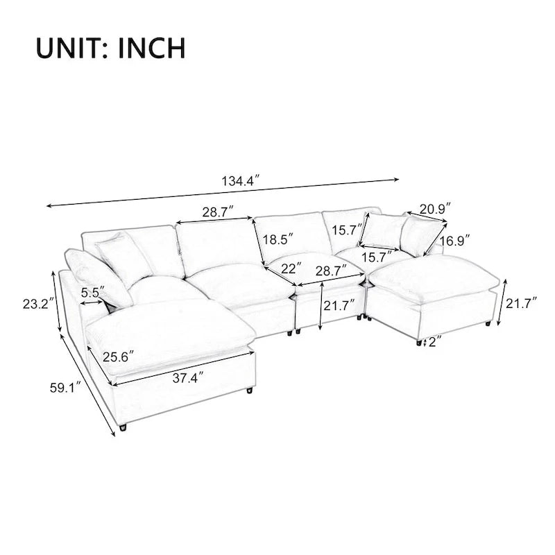Canapé d'angle moderne en U avec 2 grandes méridiennes et poufs amovibles