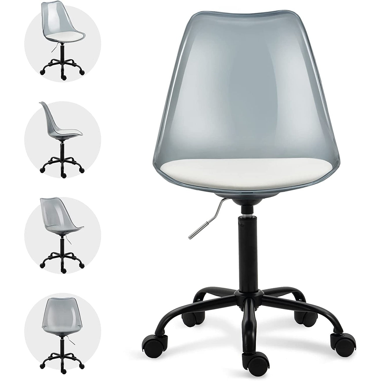 Chaise de bureau à roulettes sans accoudoirs, réglable en hauteur, en acrylique pivotant